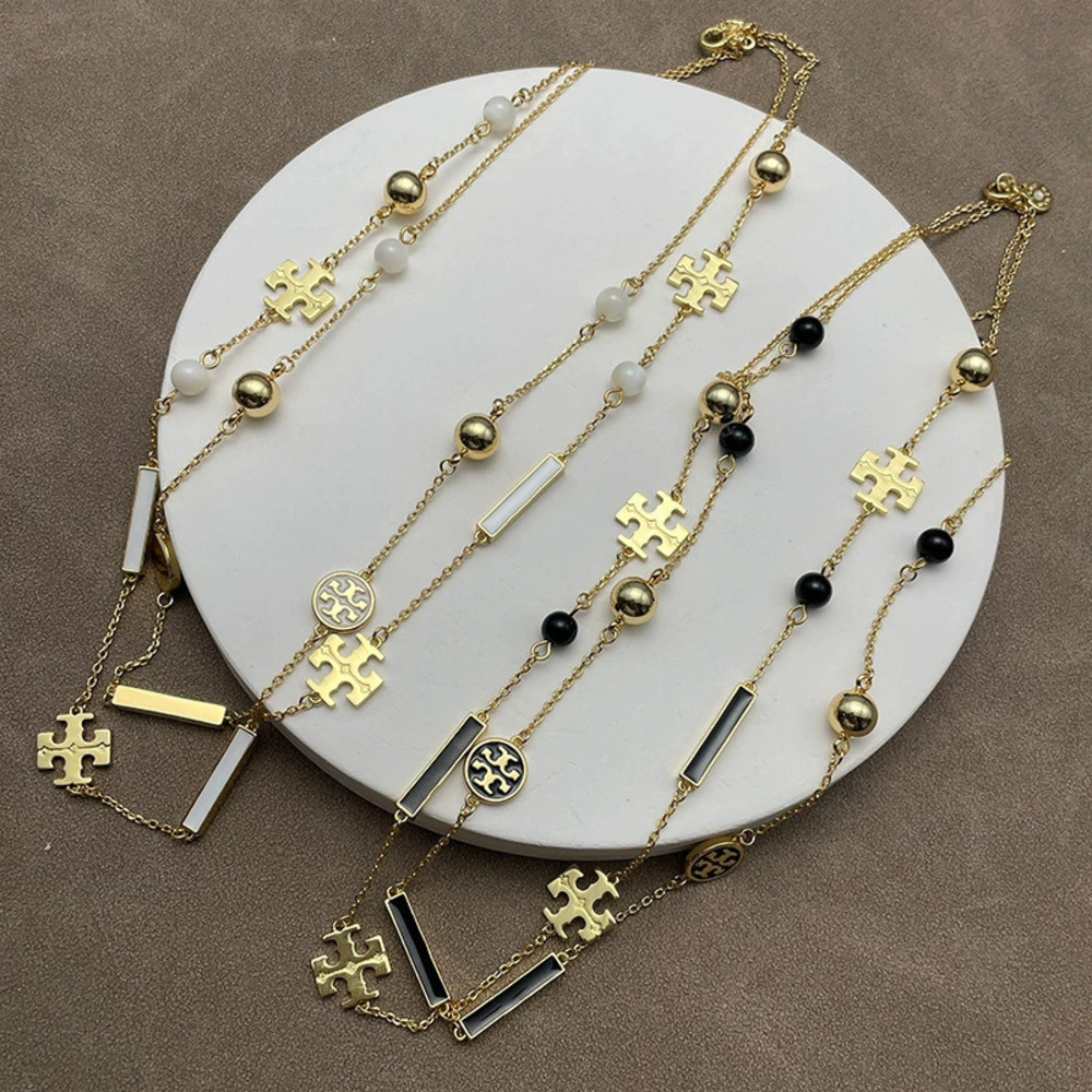 Tory Burch Gold Plated Double Enamel Geometric Long Necklace Bracelet Set